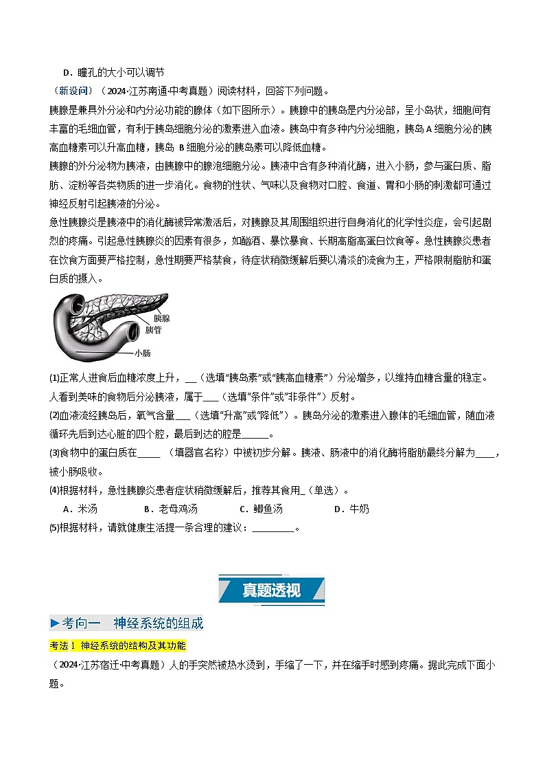 备战2025年中考生物真题分类汇编（江苏专用）专题09人体生命活动的调节（原卷版）第2页