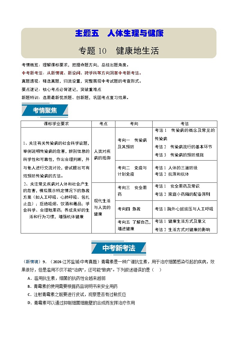 备战2025年中考生物真题分类汇编（江苏专用）专题10健康地生活（原卷版）第1页