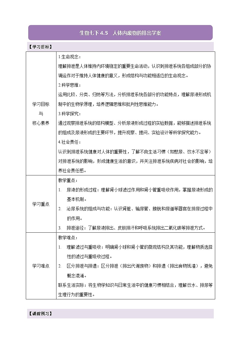 4.5人体内废物的排出 学案第1页