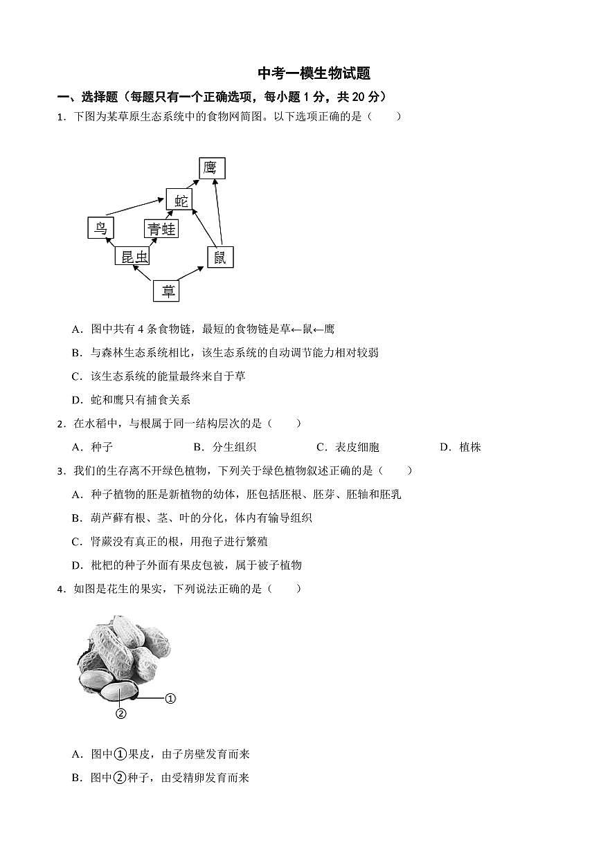 2025年吉林省白山市中考一模生物试题附答案第1页