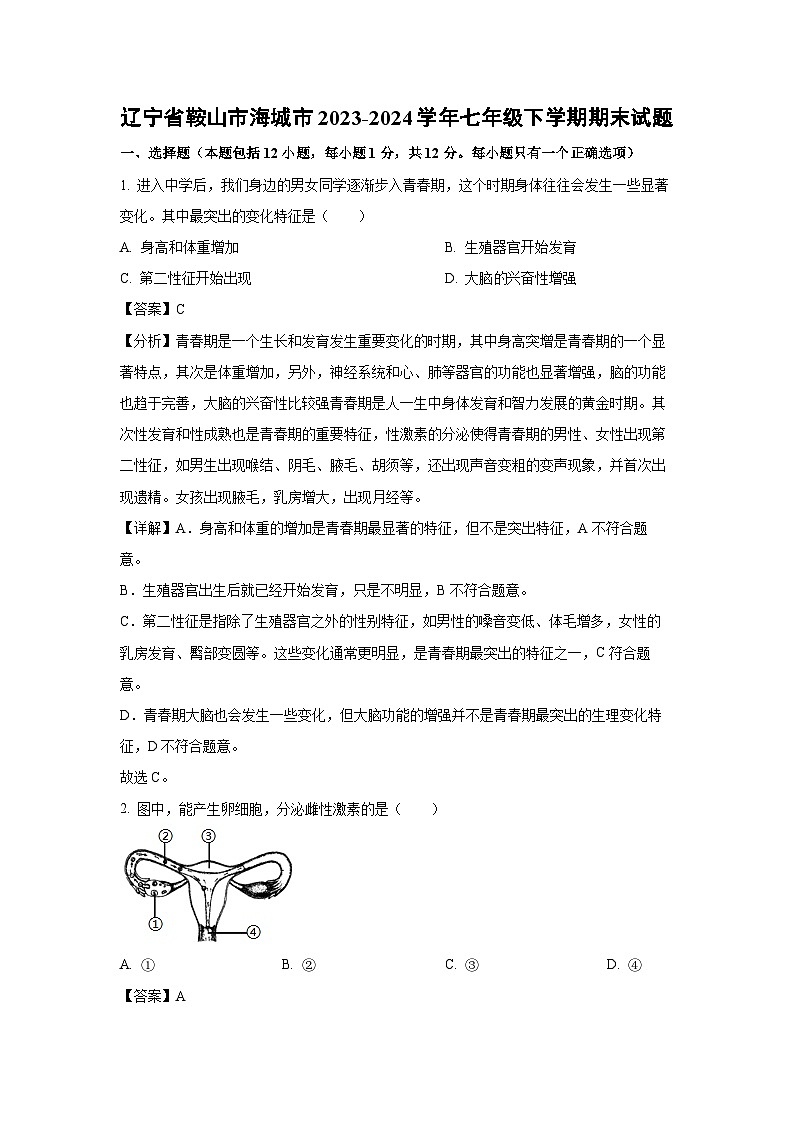 辽宁省鞍山市海城市2023-2024学年七年级下学期期末生物试题第1页