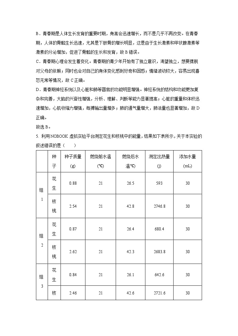 北京市怀柔区2023-2024学年七年级下学期期末生物试题（解析版）第3页