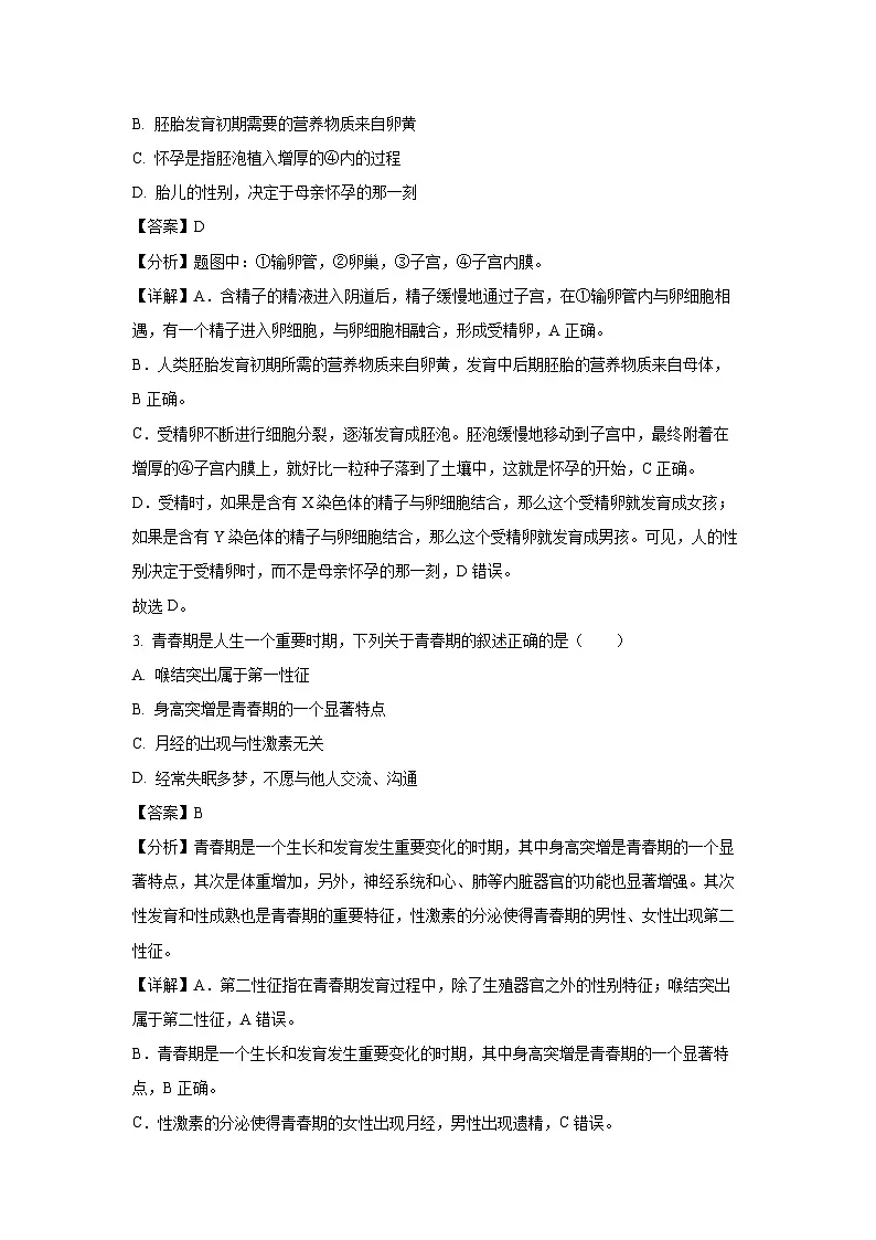 湖北省黄石市黄石港区2023-2024学年七年级下学期期末生物试题（解析版）第2页