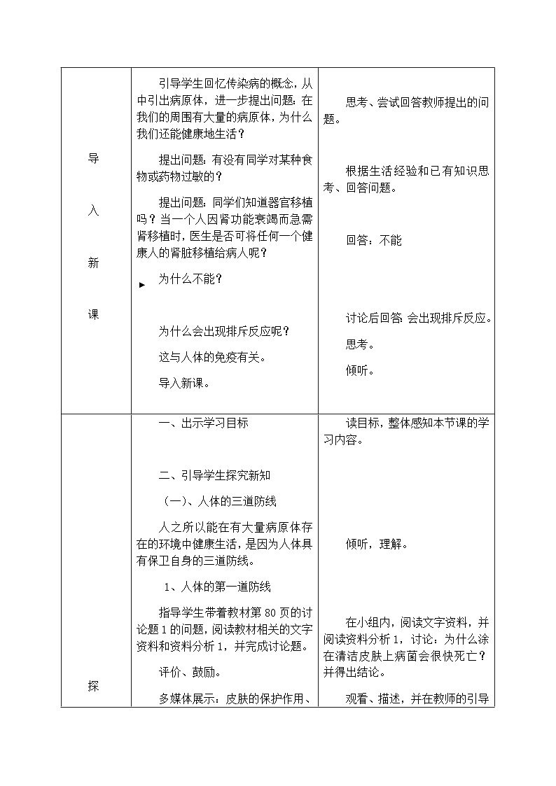 最新人教版八年级生物下册8.1.2 免疫与计划免疫教案第2页