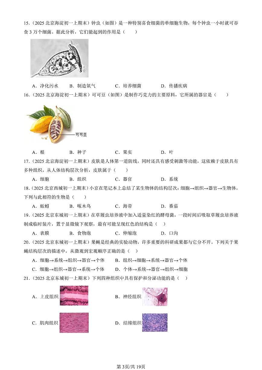 2025北京初一（上）期末真题生物汇编：生物体（京改版）第3页