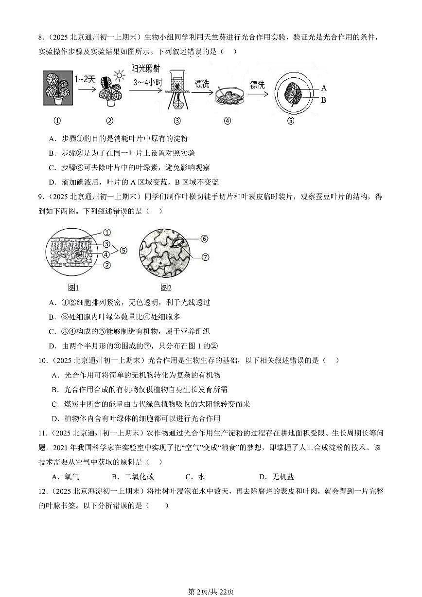 2025北京初一（上）期末真题生物汇编：绿色植物的光合作用（京改版）第2页