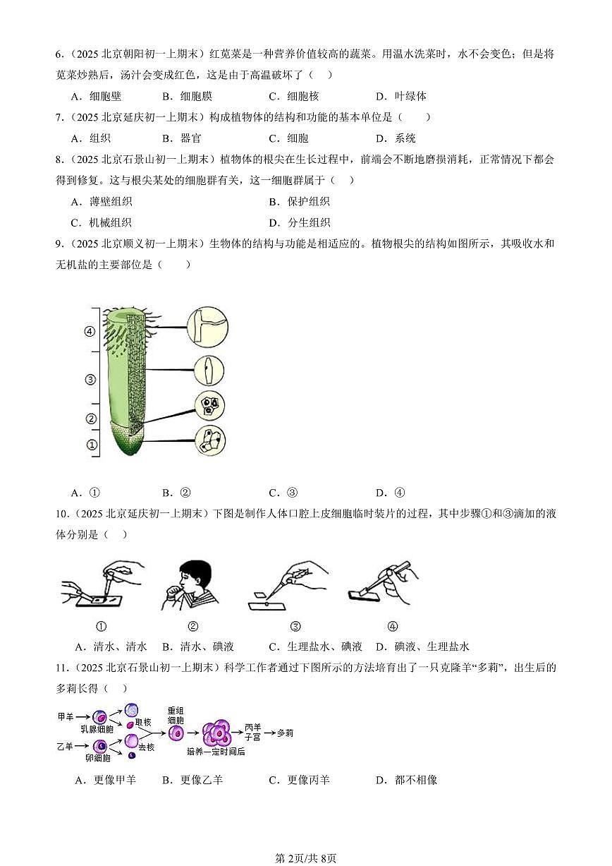 2025北京初一（上）期末真题生物汇编：生物体的结构章节综合（京改版）（选择题）2第2页