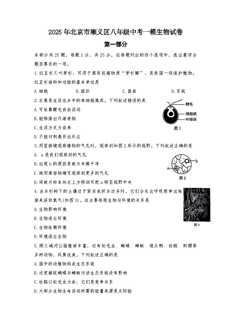2025年北京市顺义区八年级一模生物试卷（中考模拟）(001)第1页