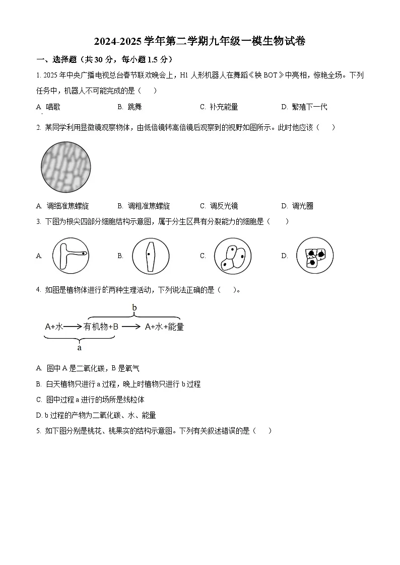 2025年甘肃省武威市凉州区武威三中教研联九年级片一模生物试题（原卷版+解析版）（中考模拟）第1页