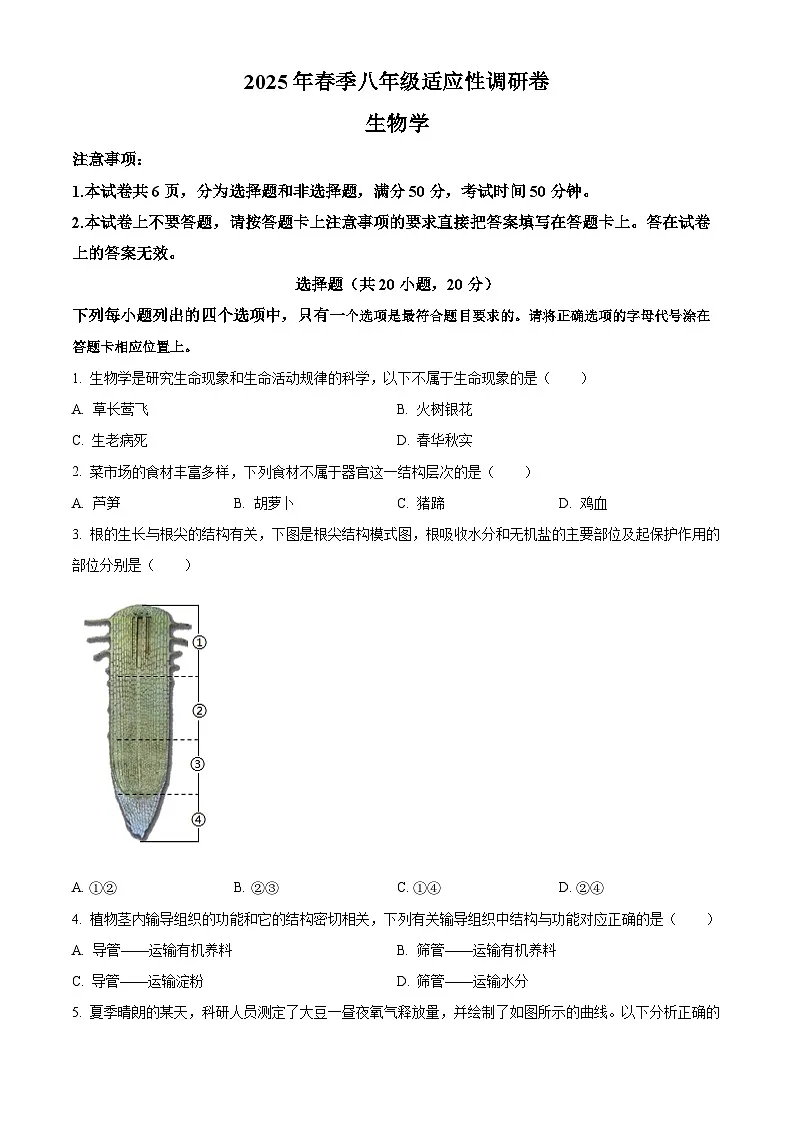 2025年河南省信阳市固始县部分初中八年级联考一模生物试题（中考模拟）第1页