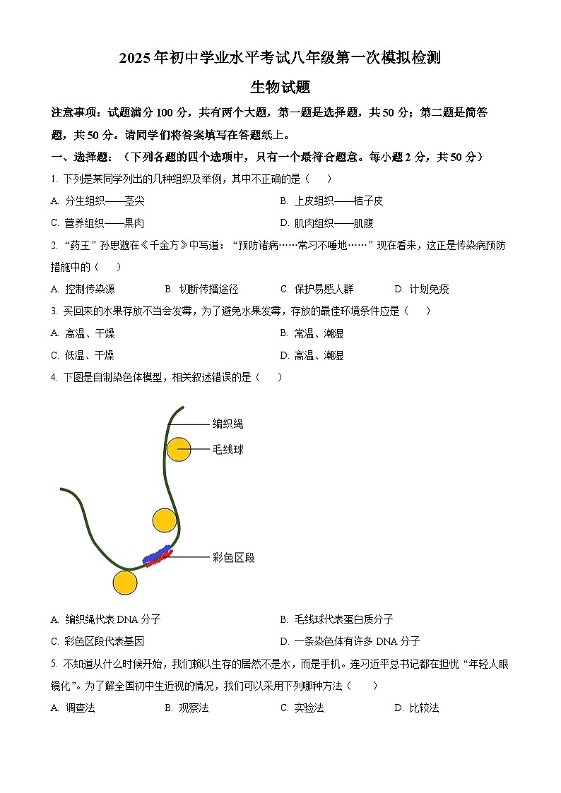2025年山东省德州市乐陵市中考一模生物试题（原卷版+解析版）（中考模拟）第1页