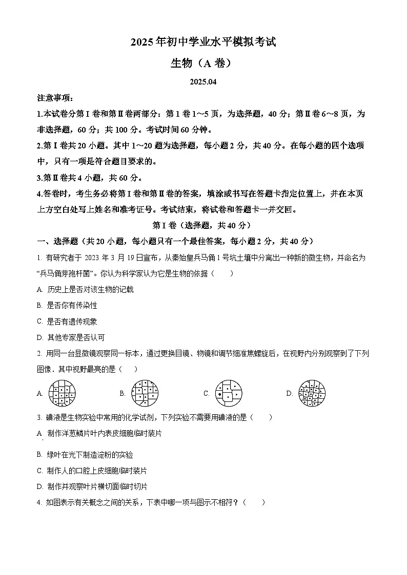 2025年山东省枣庄市山亭区八年级中考二模生物试题（中考模拟）第1页