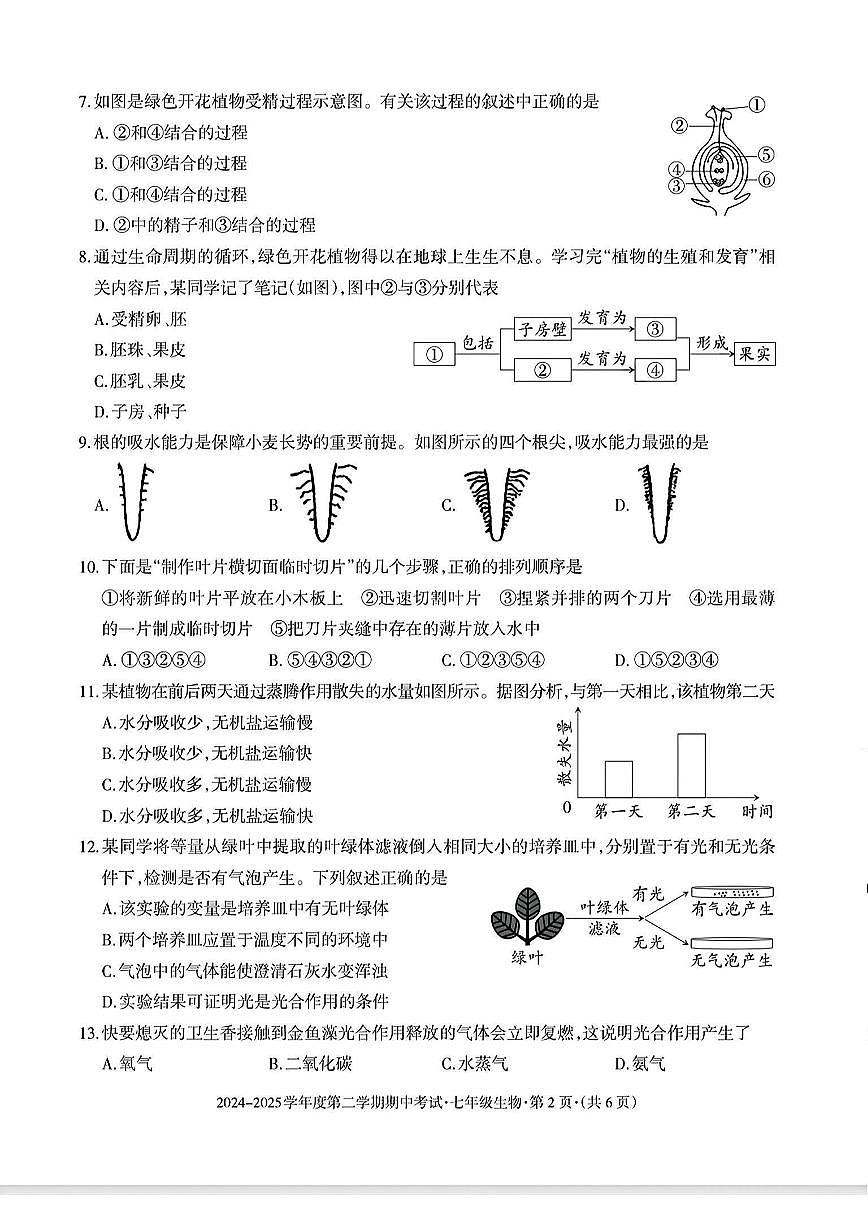 贵州省六盘水市2024-2025学年七年级下学期期中生物试题及答案第2页