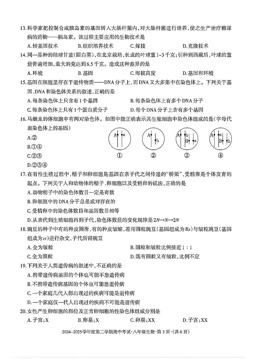 贵州省六盘水市2024-2025学年八年级下学期期中生物试题及答案第3页