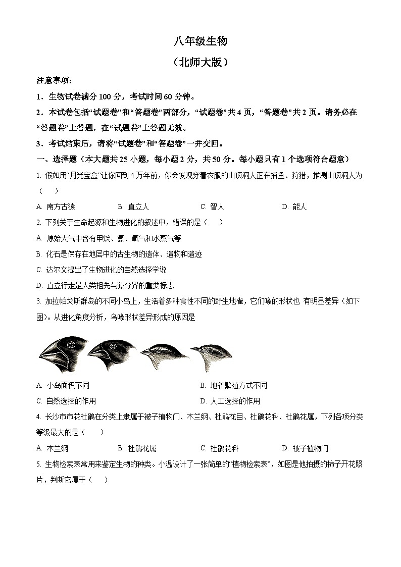 安徽省淮北市五校联考2024-2025学年八年级下学期期中生物试题（原卷版+解析版）第1页