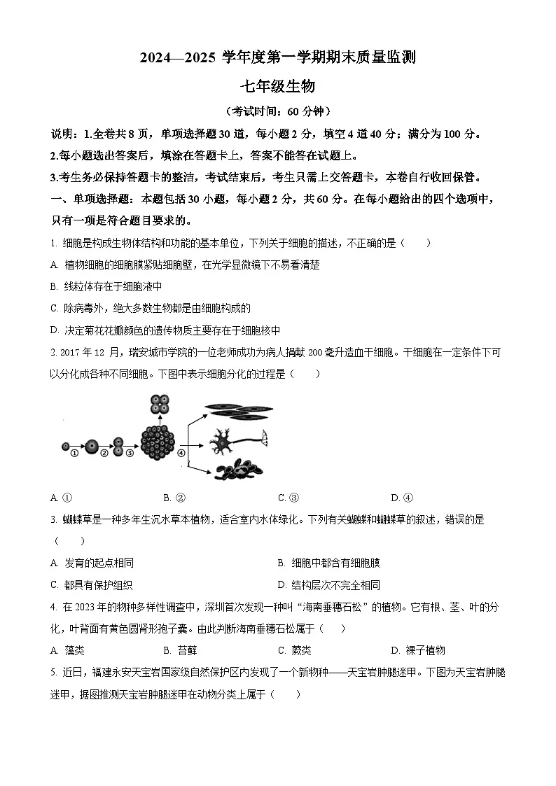 广东省茂名市电白区2024-2025学年七年级上学期期末生物试题（原卷版+解析版）第1页