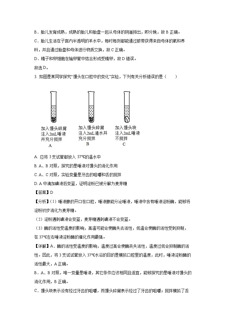 黑龙江省佳木斯市富锦市部分学校2023-2024学年七年级下学期期末生物试卷（解析版）第2页