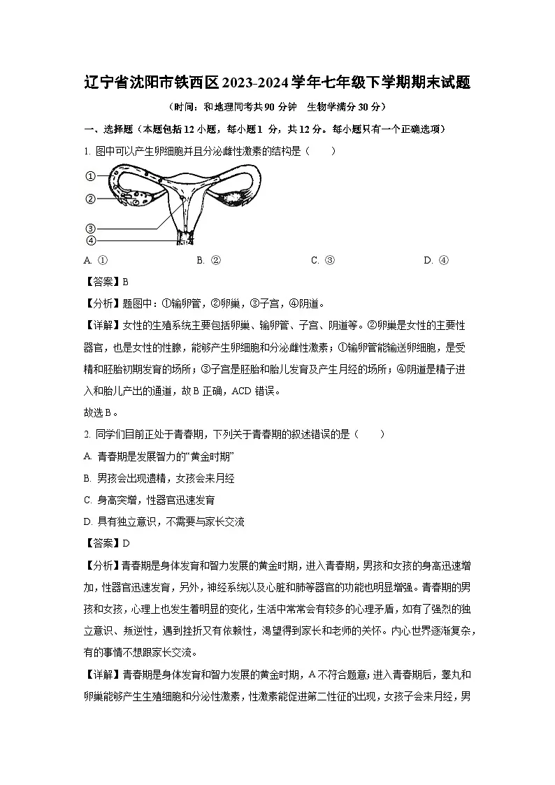 辽宁省沈阳市铁西区2023-2024学年七年级下学期期末生物试卷（解析版）第1页
