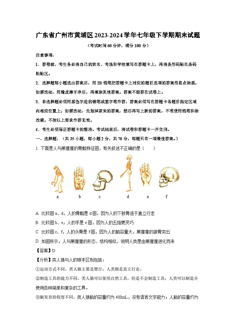 广东省广州市黄埔区2023-2024学年七年级下学期期末生物试卷（解析版）第1页