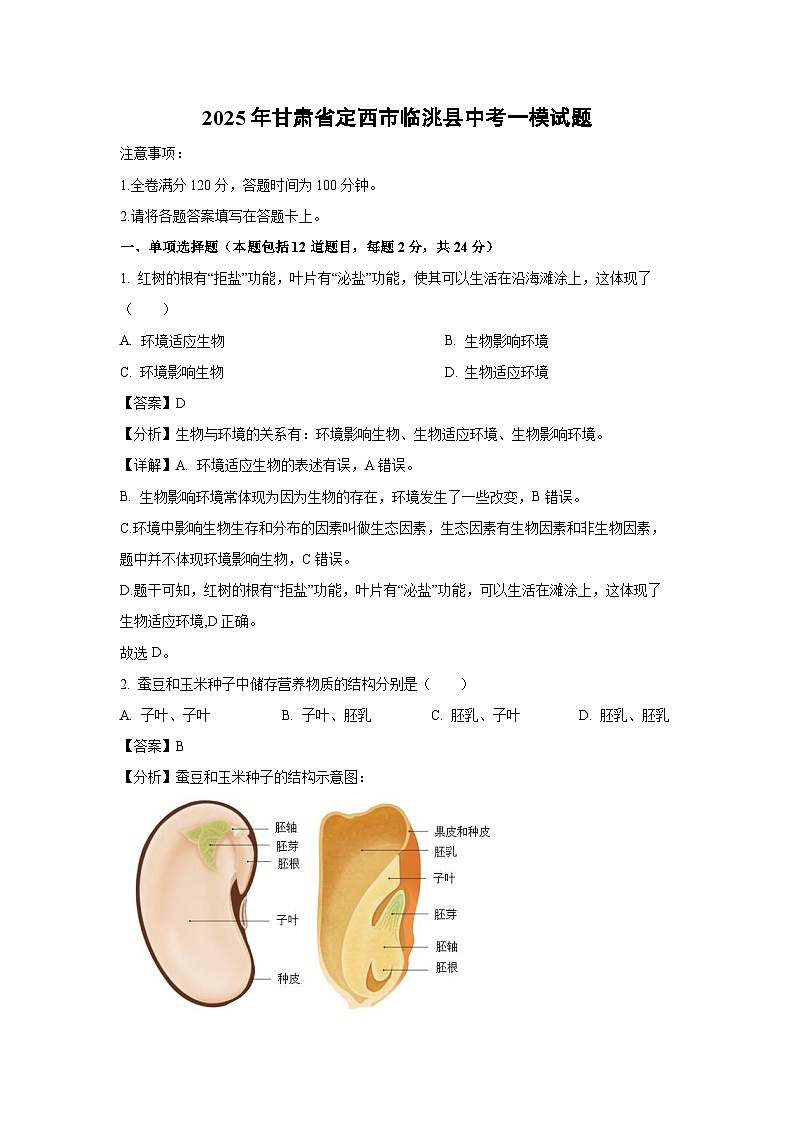 2025年甘肃省定西市临洮县中考一模[中考模拟]生物试卷（解析版）第1页