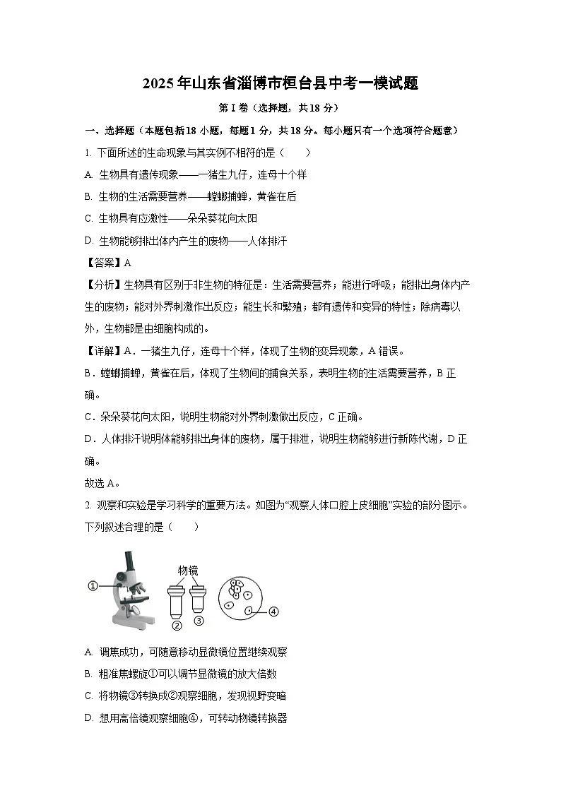 2025年山东省淄博市桓台县中考一模[中考模拟]生物试卷（解析版）第1页