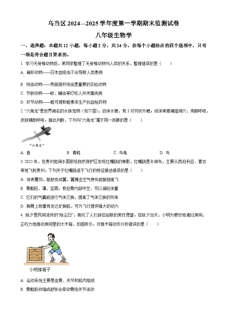 贵州省贵阳市乌当区2024-2025学年八年级上学期期末生物试题（原卷版+解析版）第1页