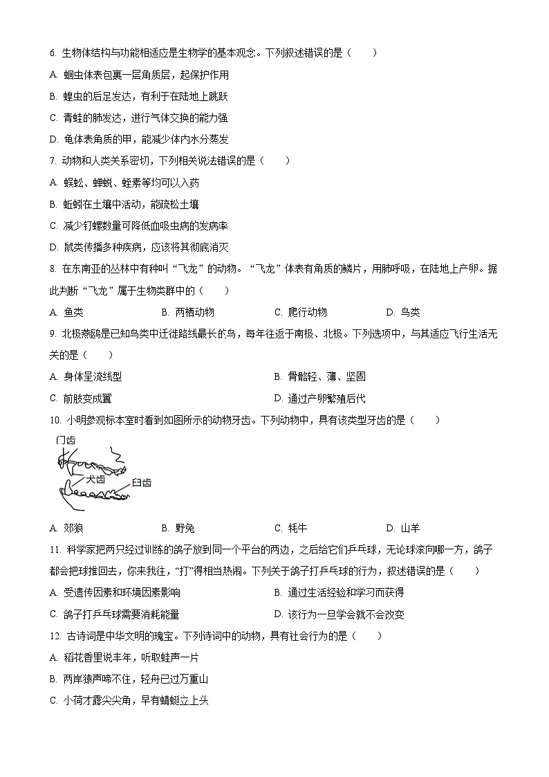 河南省郑州市中原区2024-2025学年八年级上学期期末生物试题（原卷版+解析版）第2页