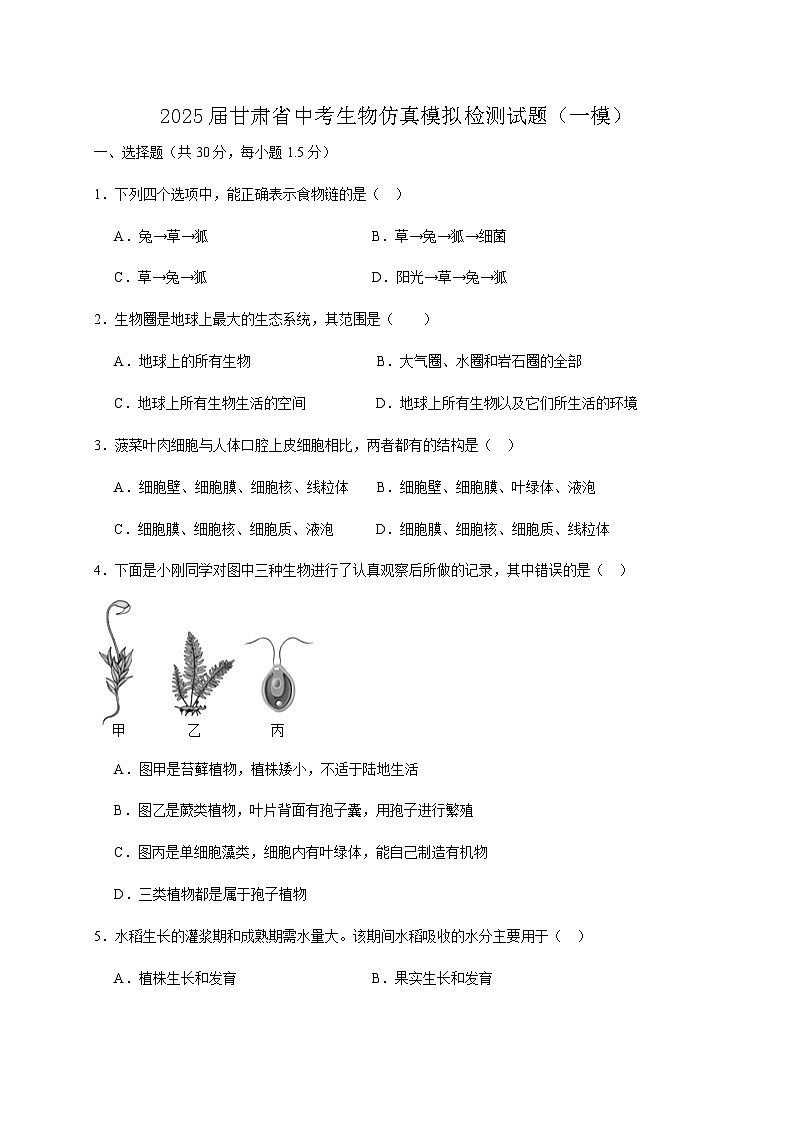 2025届甘肃省中考生物仿真模拟检测试题（一模）含答案第1页