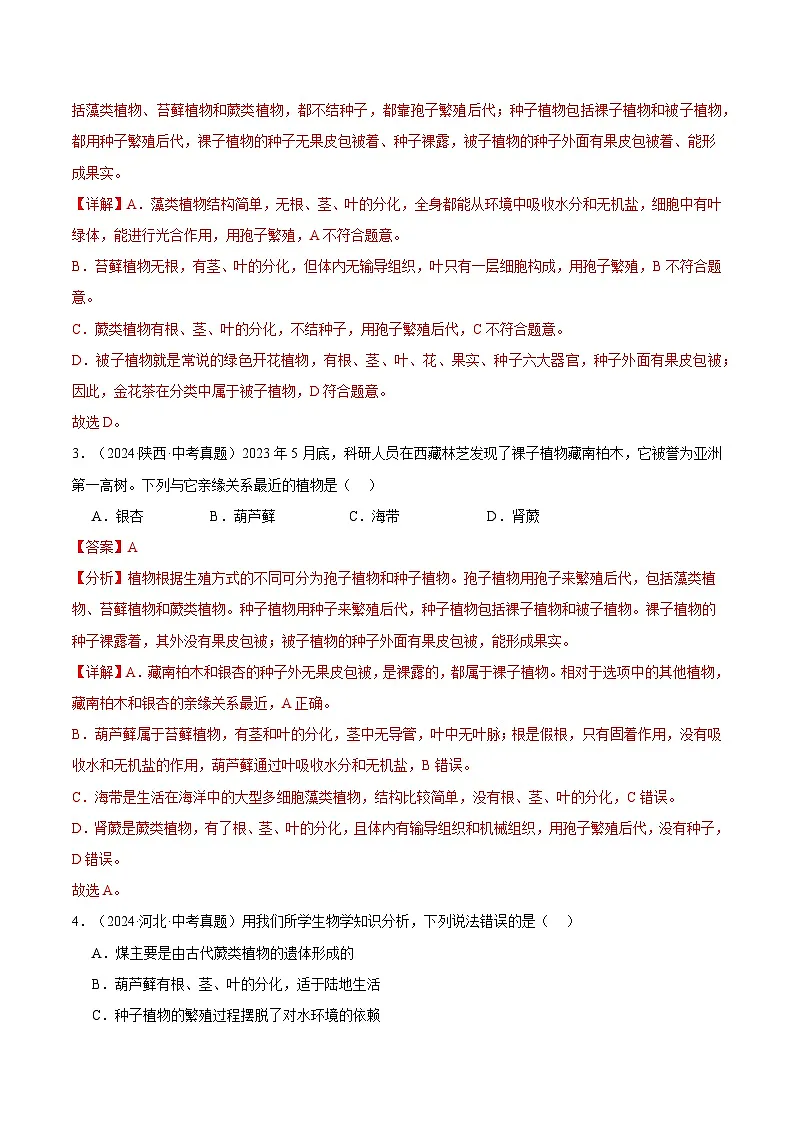 备考2025年中考生物三年真题分类汇编（全国通用）专题04生物圈中的绿色植物（解析版）第2页