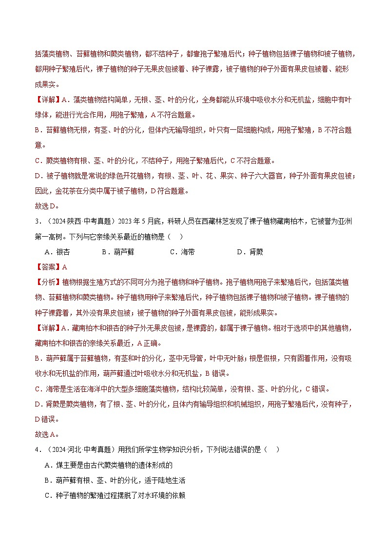 备考2025年中考生物三年真题分类汇编（全国通用）专题04生物圈中的绿色植物（解析版）第2页