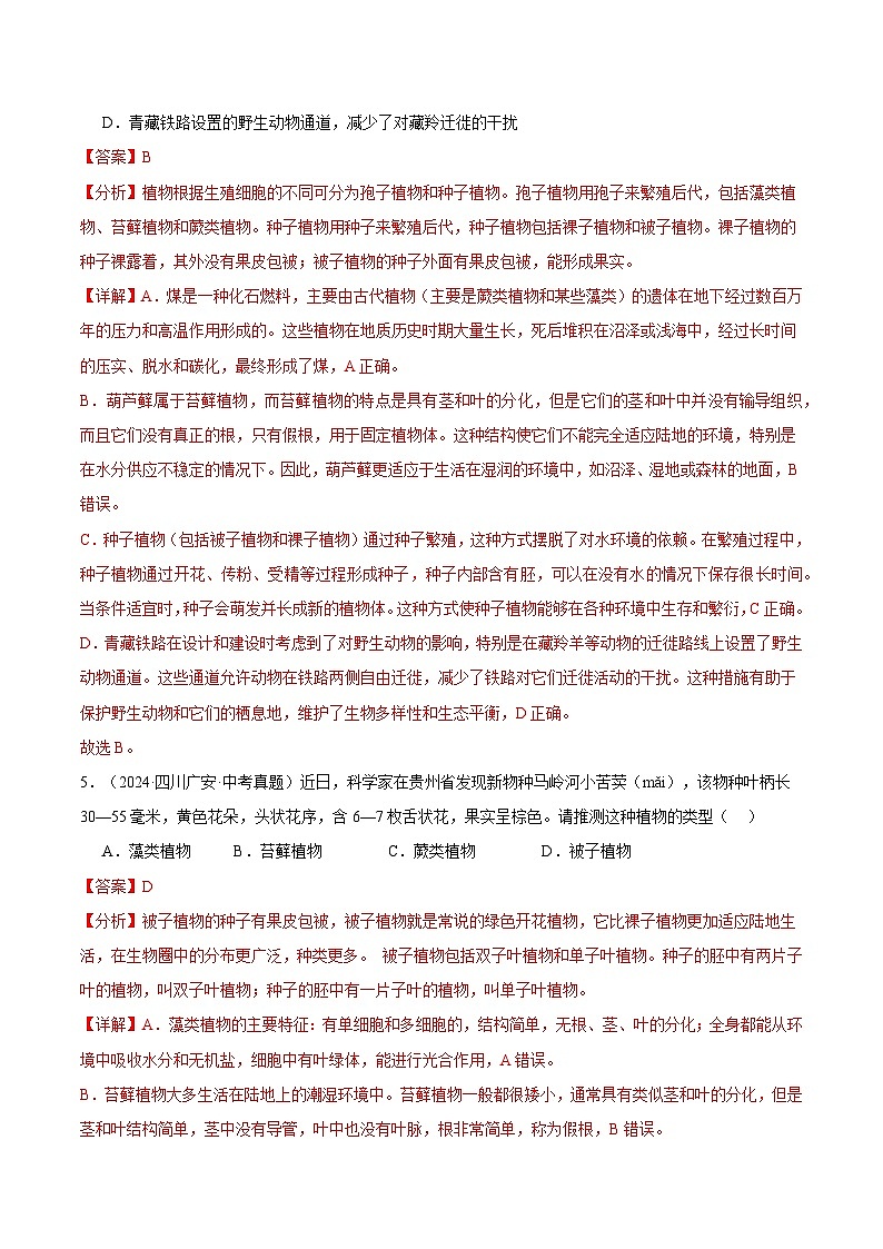 备考2025年中考生物三年真题分类汇编（全国通用）专题04生物圈中的绿色植物（解析版）第3页
