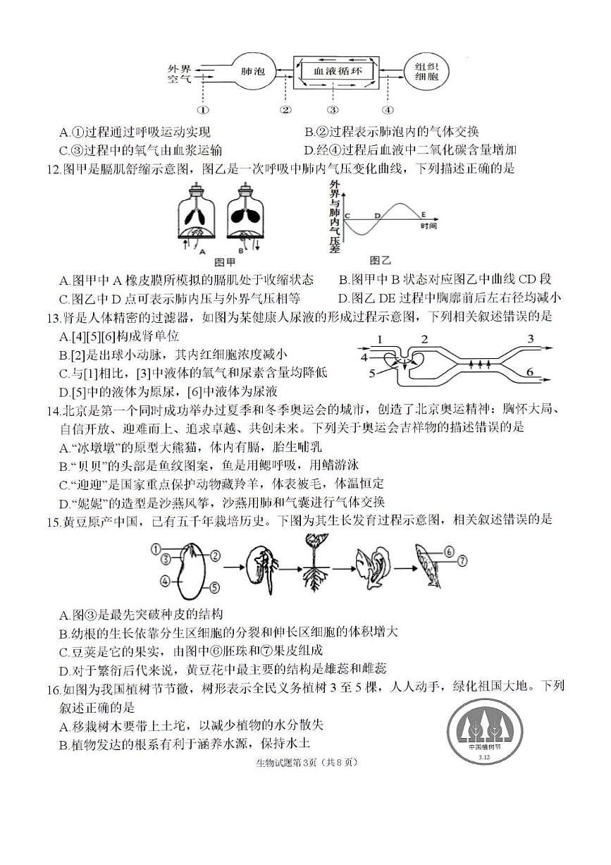 2024年济南市天桥区中考生物二模试题和答案第3页
