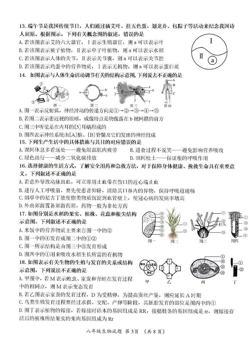 2024年济南市槐荫区中考生物二模试题和答案第3页