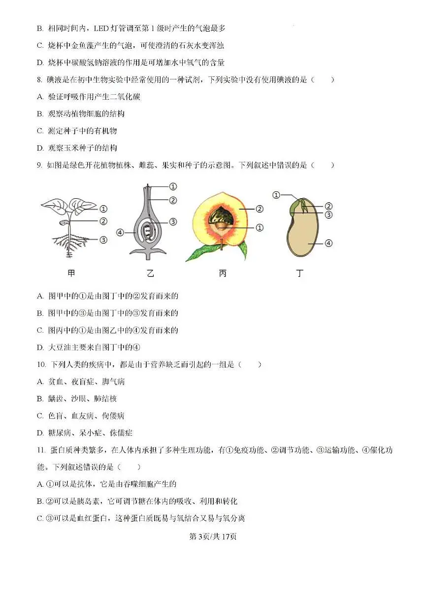 2024年济南市莱芜区中考生物二模试题和答案第3页