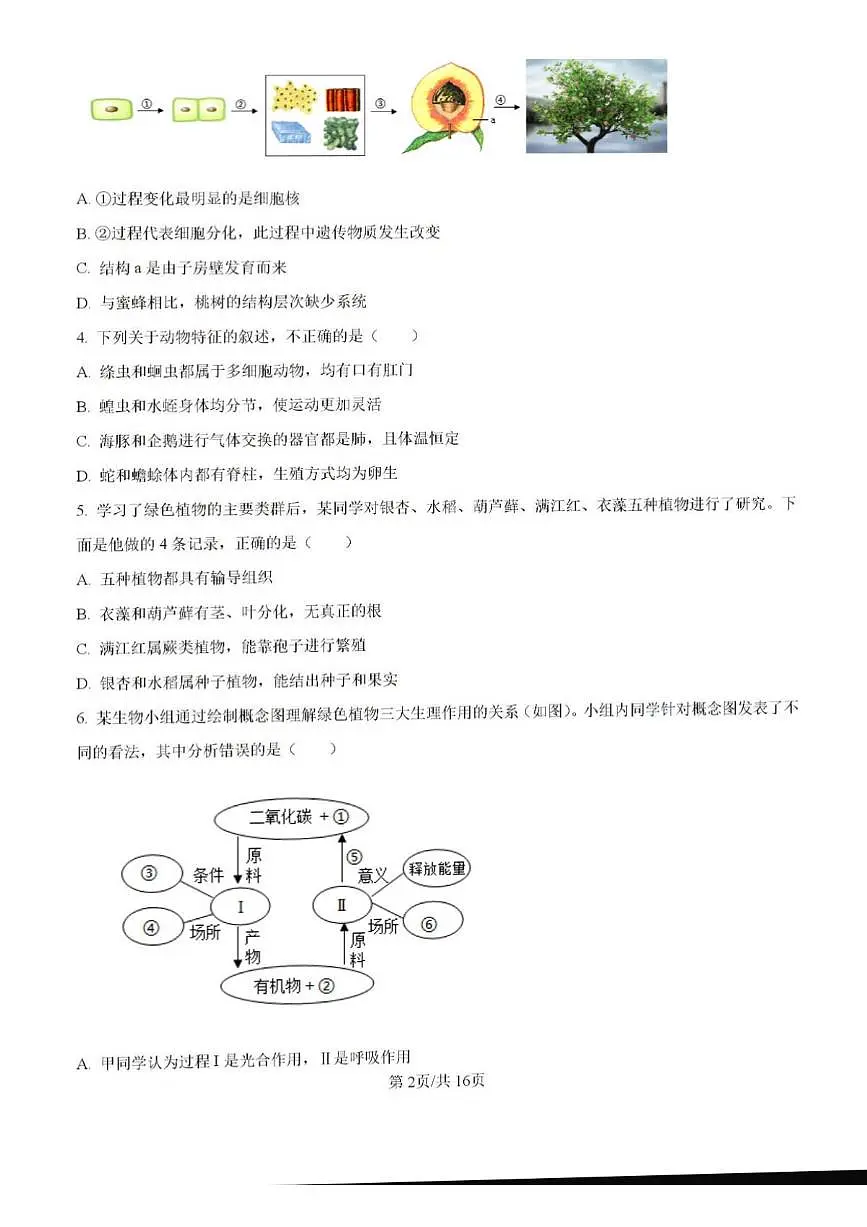 2024年济南市历下区中考生物二模试题和答案第2页