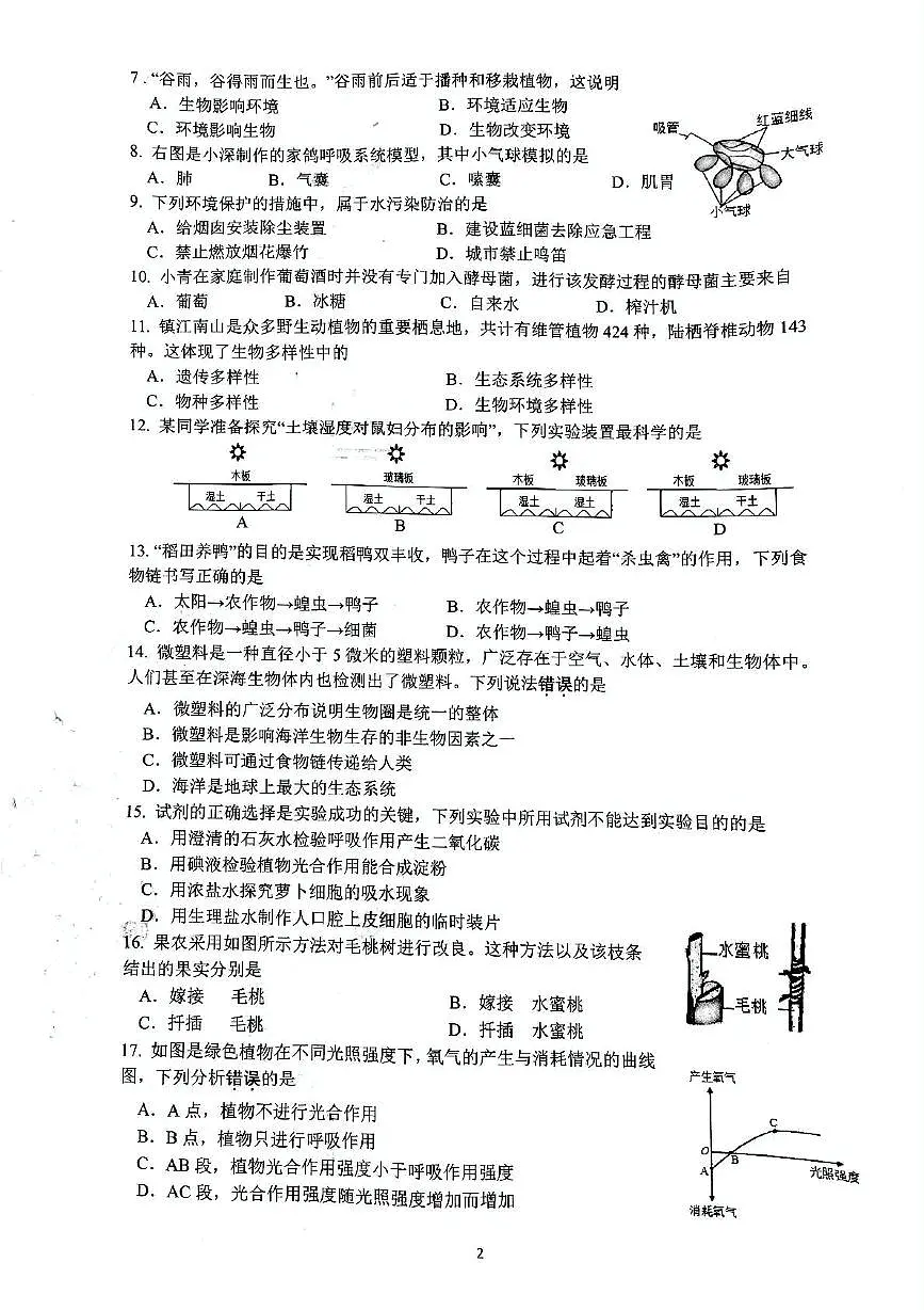 2025年江苏省镇江市八年级一模生物试题（中考模拟）第2页