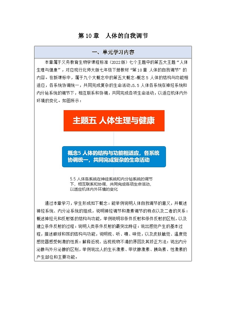 第10章 人体的自我调节 大单元教学设计第1页