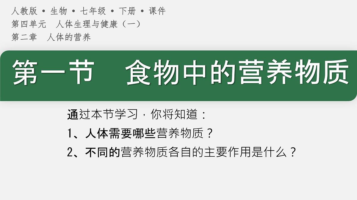 初中生物人教版（2024）七年级下册4.2.1 食物中的营养物质 课件第1页