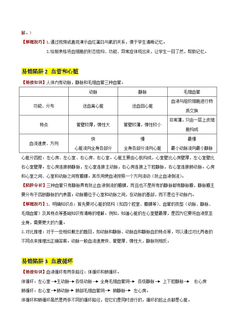 备战2025年中考生物考试易错题（全国通用）易错点10人体内物质运输(3大陷阱+3点提醒)(教师版)第2页