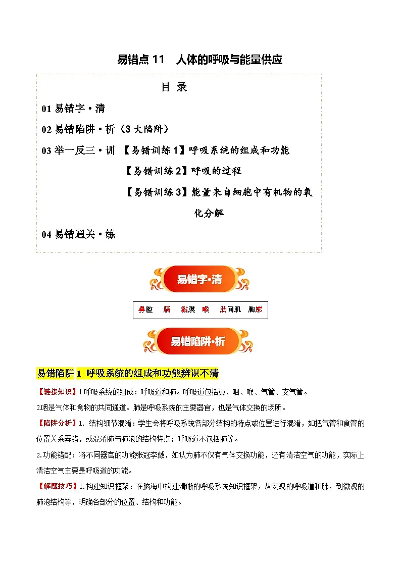 备战2025年中考生物考试易错题（全国通用）易错点11人体的呼吸与能量供应(3大陷阱+3点提醒)(学生版)第1页
