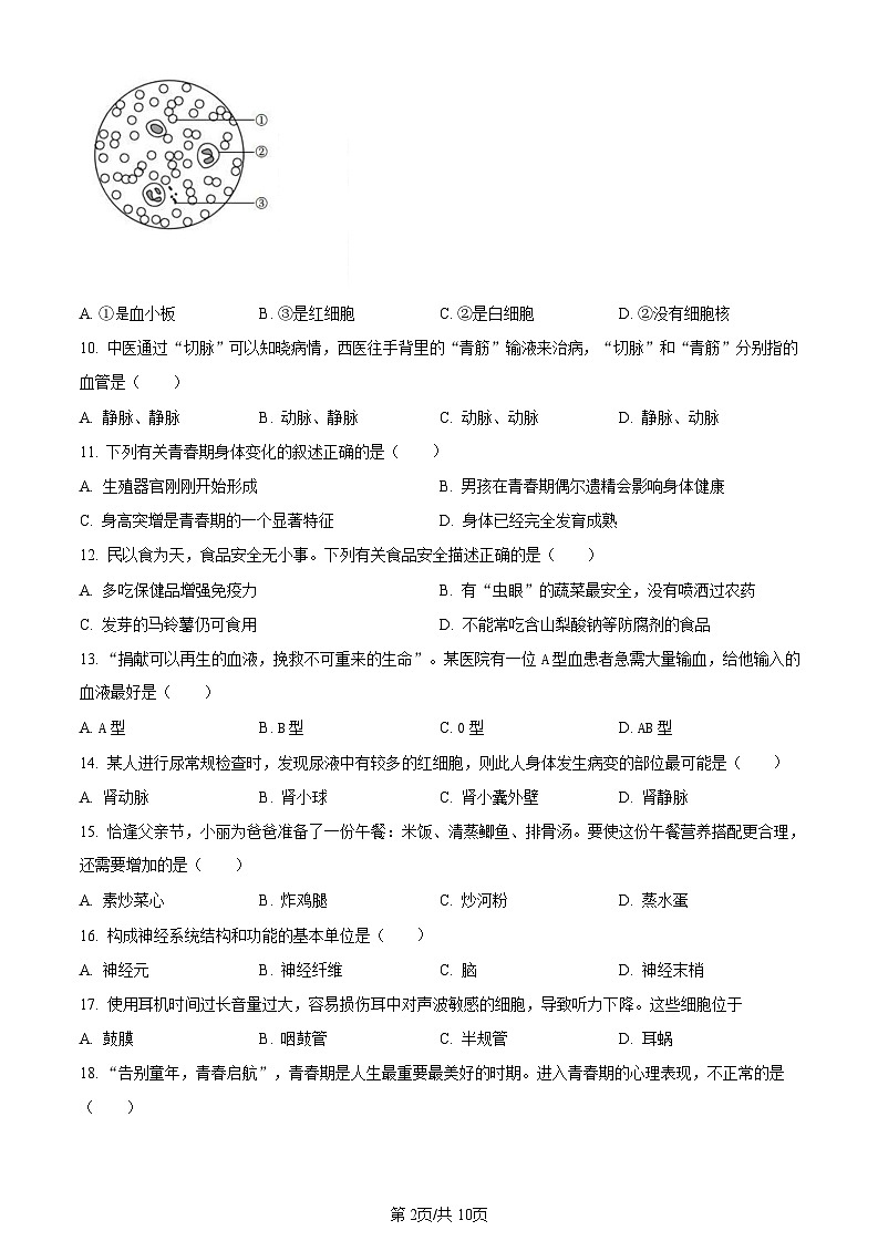 广东省广州市天河区2021-2022学年七年级下学期期末生物试题（含答案）第2页