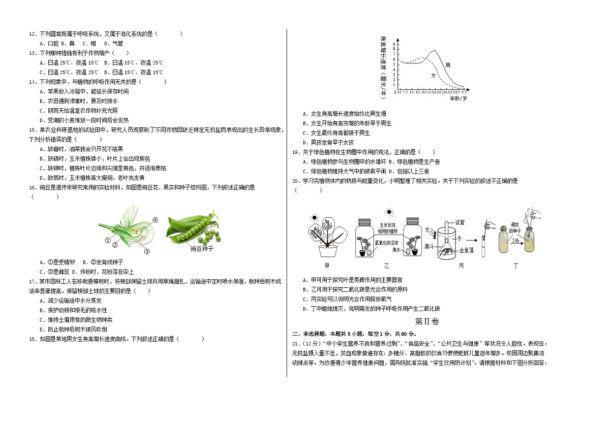 七年级生物月考卷01【测试范围：第三单元~第四单元第三章】（考试版A3）（人教版2024）第2页