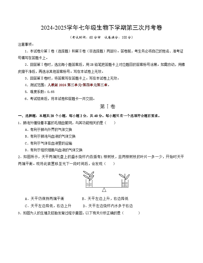 七年级生物月考卷01【测试范围：第三单元~第四单元第三章】（考试版）（人教版2024）第1页