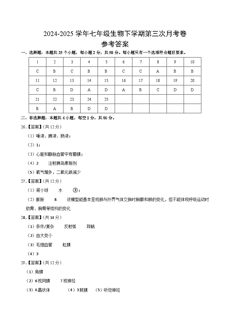 七年级生物月考卷（参考答案）第1页