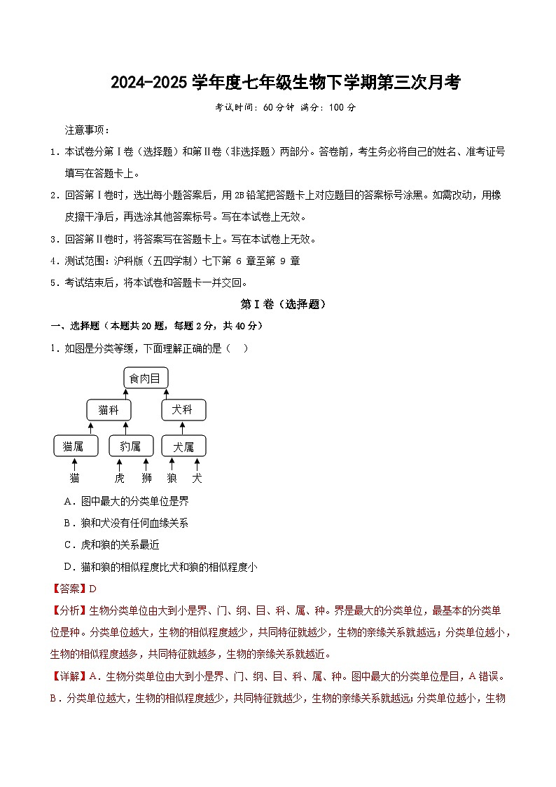 七年级生物月考卷（全解全析）（上海专用，沪教版2024第6~9章）第1页