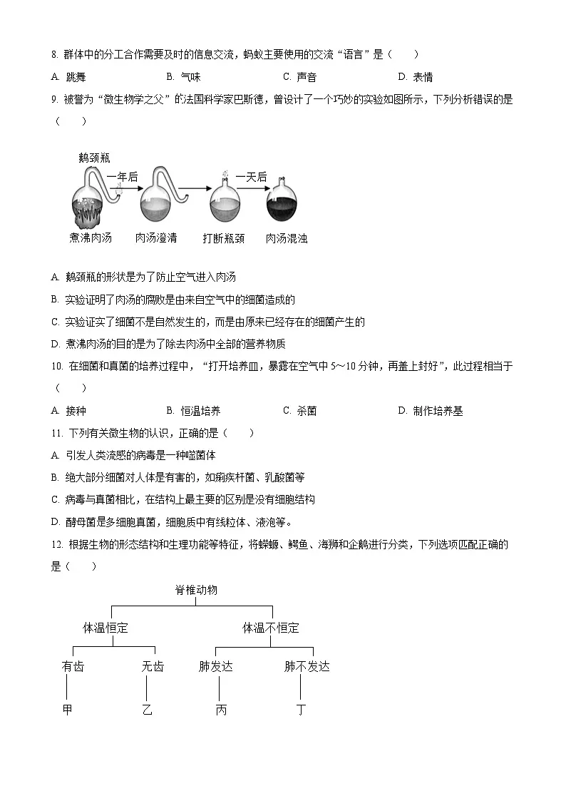 辽宁省丹东市东港市2024-2025学年八年级上学期期末生物试题（原卷版+解析版）第2页