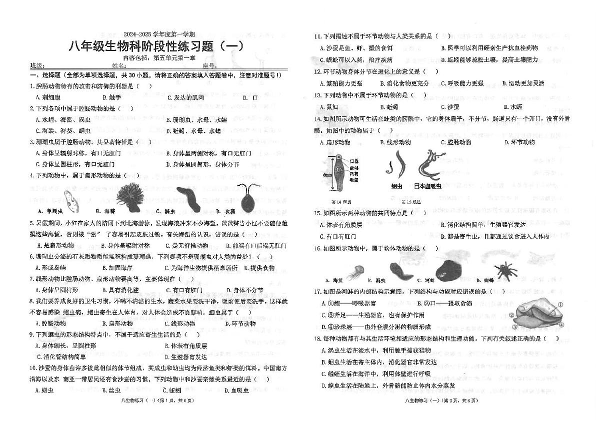 广东省汕头市潮南区陈店实验学校2024-2025学年八年级上学期9月月考生物试题第1页