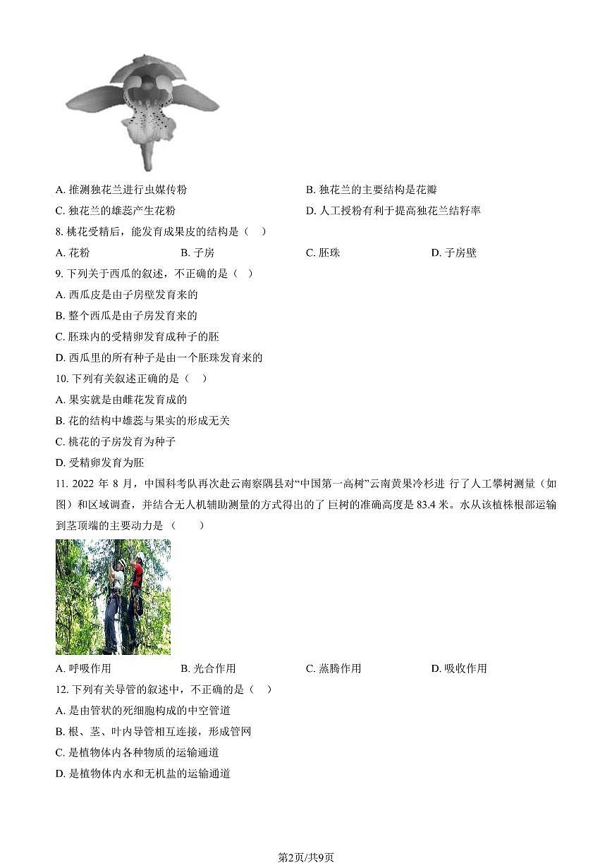 北京市五中分校2024-2025学年第二学期七年级生物期中试卷第2页
