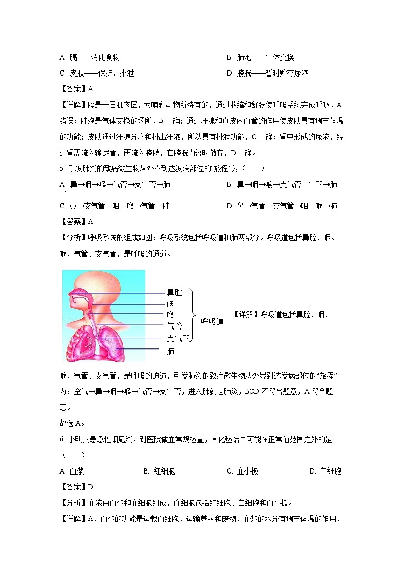 吉林省吉林市昌邑区2023-2024学年七年级下学期期末生物试题（解析版）第3页