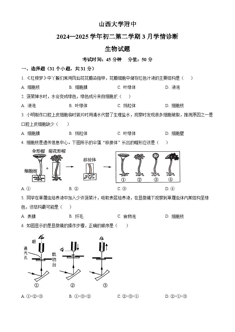 山西大学附中2024-2025学年八年级下学期3月月考生物试题（原卷版+解析版）第1页